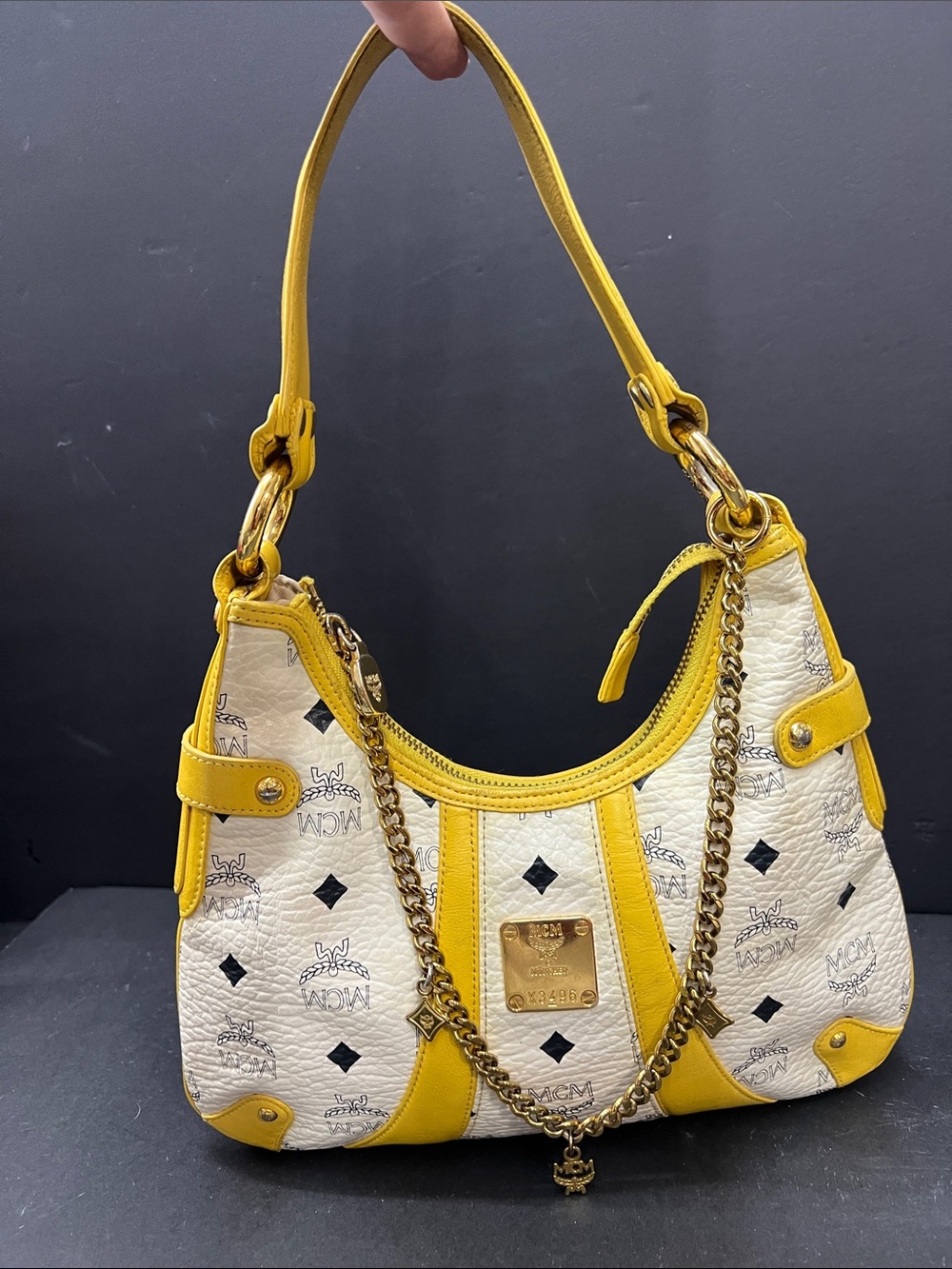 MCM Yellow & White Logo-Print Shoulder Bag with Gold Chain